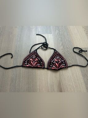 Xhilaration Black & Pink Embroidered Triangle Bikini Top